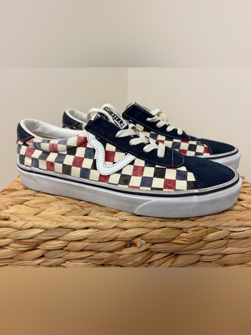 Vans Checkerboard Low-Top Sneakers in Navy, Red & White